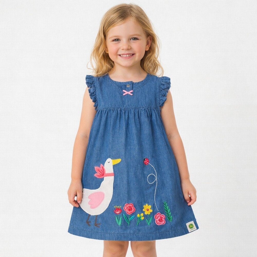 John Deere Girls 4T Chambray Denim Dress Duck Floral Applique Farm Animal Cute
